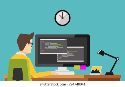 Programmer working on computer. Focus on programming code. Concept of coding or developing
