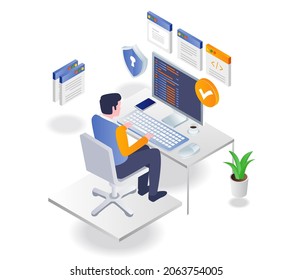 Programmer working on computer in isometric illustration