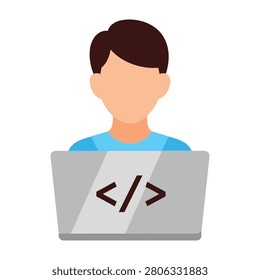 a programmer working on a laptop with coding symbols on the screen in a closeup setting