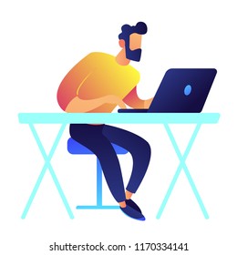 Programmer working on laptop at the desk vector illustration. IT specialist and freelancer, developer workplace, working in office and studying online concept. Isolated on white background.