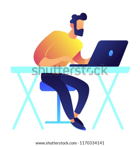 Programmer working on laptop at the desk vector illustration. IT specialist and freelancer, developer workplace, working in office and studying online concept. Isolated on white background.
