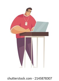 Programmer working on laptop flat male character vector illustration