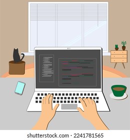 programmer working on laptop from home. visible monitor and code.