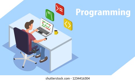 The programmer is working on a laptop. A programmer in isometry is writing a program on a laptop. Vectric isometric illustration of a programmer.