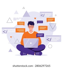 Programmer working on laptop surrounded by coding symbols and digital communication elements representing software development web programming technology learning and modern remote work concepts