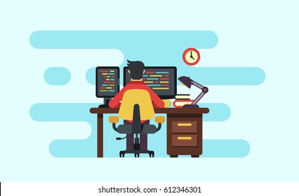 programmer working on multi display computer sitting on chair, workspace flat illustration