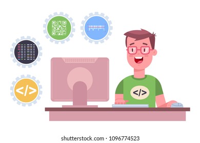 Programmer is working on the software. Vector cartoon flat illustration of a freelance web developer with computer isolated on a white background.