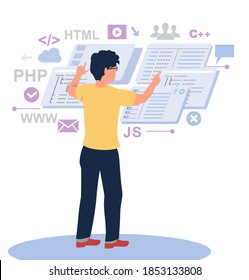 Programmer working on web development on computer. Concept of script coding and programming in php, python, javascript, other languages. Software developer. Flat vector cartoon illustration.