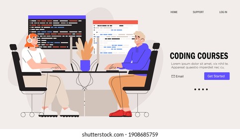 Programmer working on web development on computer. Concept of script coding and programming web site. Mobile app and computer software developing online courses banner, web landing page. 