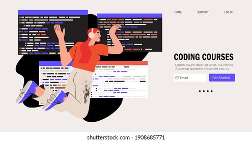 Programmer working on web development on computer. Concept of script coding and programming web site. Mobile app and computer software developing online courses banner, web landing page. 