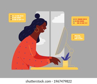 Programmer working on web development on computers. Concept of script coding and programming. Woman working. Flat vector cartoon illustration.