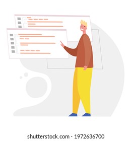 Programmer working on web development on computers and laptop. Concept of coding and programming in other languages. Software developer. Flat cartoon illustration design.