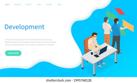 Programmer working on web development on computer. Busy man at workplace is looking at laptop screen. Overworked male character sitting at desk. Website for development landing page template