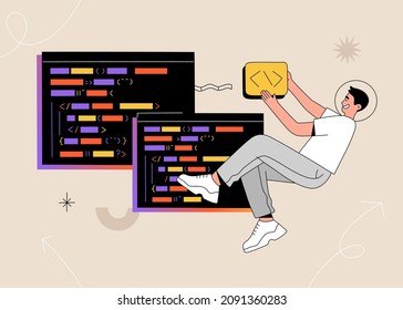 Programmer working on web development on computer screen. Software engineering, script coding, programming language. Hand drawn vector illustration isolated on light background. Flat cartoon style.