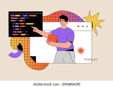 Programmer working on web development on computer screen. Software engineering and script coding concept. Hand drawn vector illustration isolated on light background. Modern flat cartoon style.