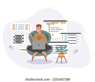 Programmer working on web development code. Engineer programming script on computer. Vector illustration professional software developers concept