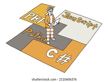  Programmer working on web development php, python, javascript, c # comical handwritten person vector, simple coloring on line drawing