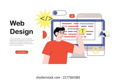 Programmer working on web development on computer. Script coding and programming web site concept. Mobile app and computer software developing online courses banner, web landing page.