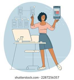 Programmer working on web development on virtual computer screen. Software engineering vector concept.