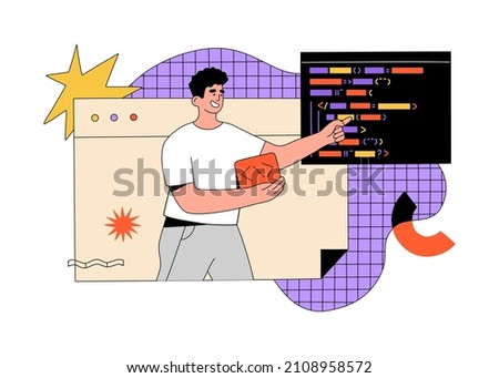 Programmer is working on writing codes on special language. Concept of software development and web engineering. Hand drawn vector illustration isolated on light background. Modern flat cartoon style.