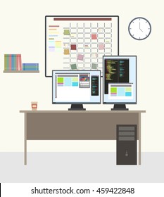 Programmer working place with two monitors. Full stack or Front end or Back end web developer. White task board hanging in a team room full of tasks on sticky note cards. Planning and Organizing