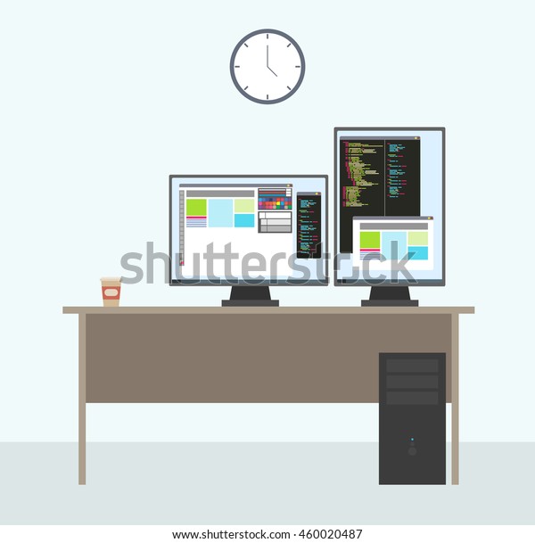 Programmer Working Place Two Monitors Full Stock Vektorgrafik
