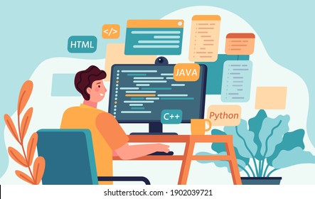 Programmer working. Program or web developer coding on computer. Screen with code, script and open windows. Coder engineer vector concept. Illustration development programmer, programming and coding