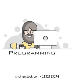 Programmer working. Programming  and coding. Illustration thin line vector doodles. Line art.