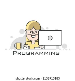 Programmer working. Programming  and coding. Illustration thin line vector doodles. Line art.