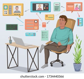 Programmer working remotely with laptop sitting at table and holds a meeting with other employees. Distant work with freelancers.  Home office workplace. Vector illustration