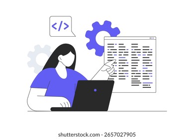 Programador trabalhando Mulher fazendo tarefas de trabalho no laptop, software de programação, engenharia e desenvolvimento de programas, scripts de codificação. Ilustração plana de vetor de desenhos animados, ícone. Destino de design abstrato e elegante 