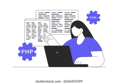 Programmer working. Woman programming software at screens, engineering and developing programs, coding applications and scripts. Flat Cartoon Vector Illustration, icon. Stylish abstract design landing