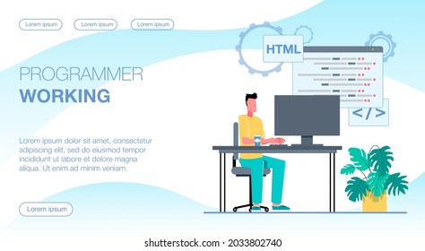 Programmer working. The programmer works on the computer. A man sits at his desk, above him windows with program code. Flat vector illustration.