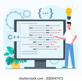Programmer working. The programmer works on the computer. A man is standing next to a monitor showing windows with program code. Flat vector illustration.