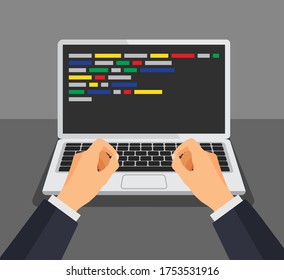 Programmer working writing code. Man typing on the keyboard with code on the screen. Web developer, design, programming. Coding concept. Isolated vector illustration.