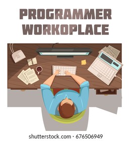 Programmer workplace cartoon concept with coffee papers and computer vector illustration