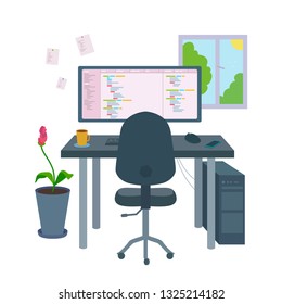 Programmer workplace for the coding program. Home office lifestyle. Cozy indoor environment: teacup, coffee, pot flower, window. Vector cartoon flat style illustration isolated on white background.