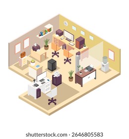 Programmer workplace isometric on white background