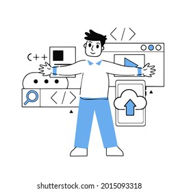 Programmer works with code and interface of application and website. Man web developer. Outline cartoon. Site template. Choosing Digital profession