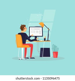 Programmer works at the computer, businessman, workplace, rear view. Flat design vector illustration.