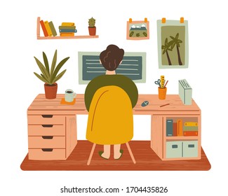 The programmer works at the computer from home. Stay at home. Freelance, self-isolation. Remote work concept. Hand drawn illustration with texture. 