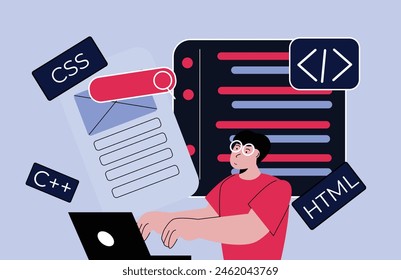 A programmer works in front of a laptop building a website or software