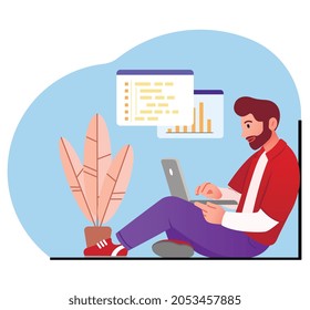 Programmer works from home. Man with laptop on his knees sits on window. Freelancer, remote work, application development, technical support. Cartoon vector illustration isolated on white background