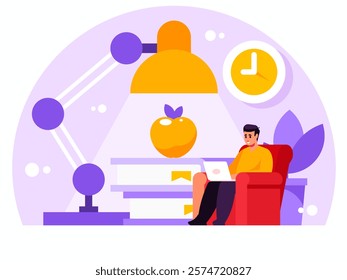 Programmer works from home. Man sitting in a chair and working at a laptop. Freelancer working from home. Knowledge acquisition concept. Background with table lamp, books and apple. Vector graphics