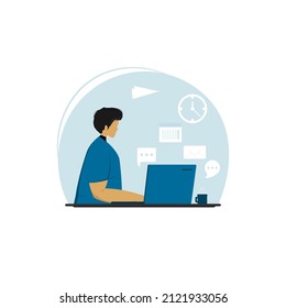 The programmer works at home or in the office at the computer. Remote work. 