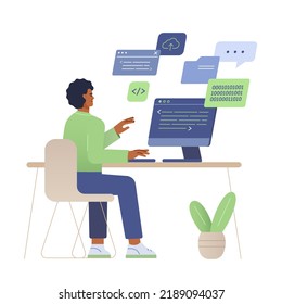 The programmer works in the office. A developer writes code at a computer with user interface windows. IT professional workflow concept. Vector illustration in flat design isolated on white.