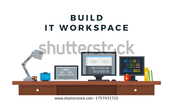 Programmer\
workspace interior vector icon flat\
isolated