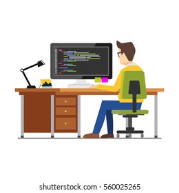 Área de trabajo del programador.Programación. Desarrollo.Persona trabajando en el ordenador. Concepto de lugar de trabajo.