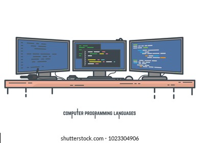 Programmer workspace vector illustration. Programming and coding desktop setup with three monitors. Window with app creator tool. Developer modern working space. Web banner for learning coding.