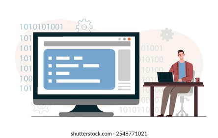 Programmer write code. Man with laptop develops program or application. Employee at workplace. IT specialist create website template. Flat vector illustration isolated on white background